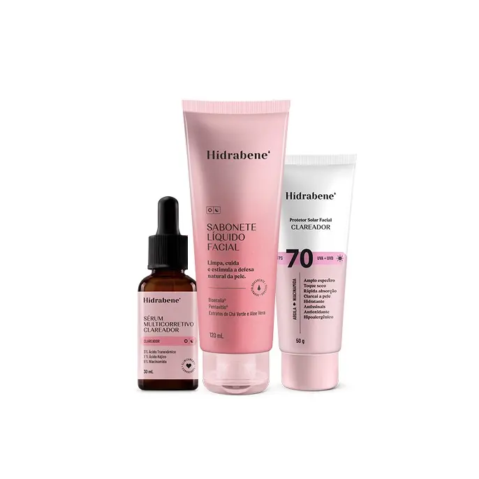 Kit Clareador Hidrabene: sabonete, sérum e protetor FPS 70